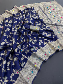Delectable Navy Blue Soft Banarasi Silk Saree With Desuetude Blouse Piece