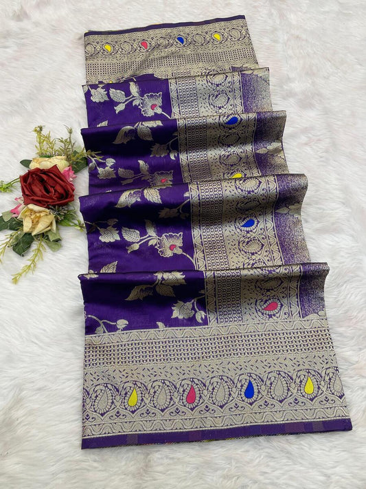 Snappy Royal Purple Soft Banarasi Silk Saree With Designer Blouse Piece