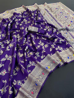 Snappy Royal Purple Soft Banarasi Silk Saree With Designer Blouse Piece