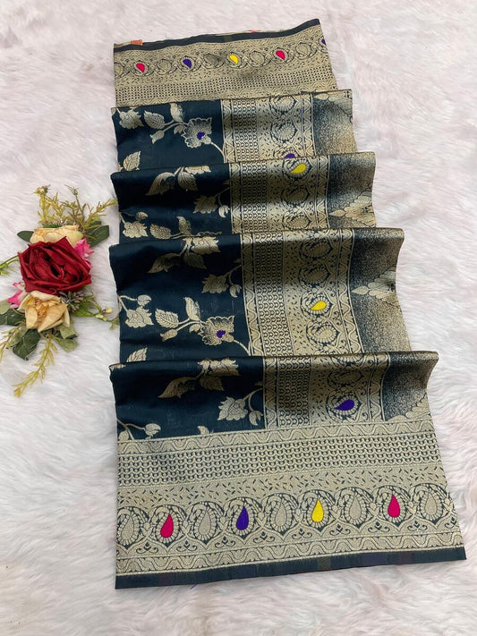 Supernal Teal Blue Soft Banarasi Silk Saree With Nectarous Blouse Piece