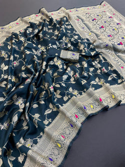 Supernal Teal Blue Soft Banarasi Silk Saree With Nectarous Blouse Piece