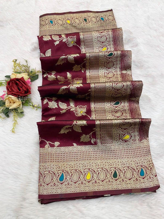 Excellent Wine Soft Banarasi Silk Saree With Petrichor Blouse Piece