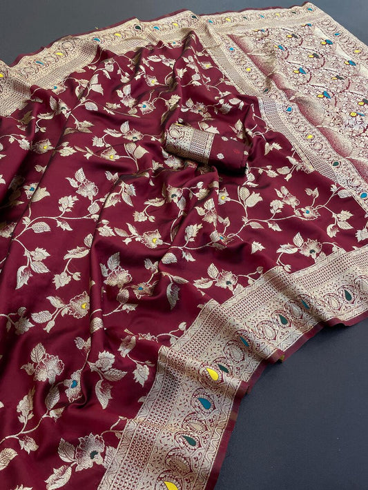 Excellent Wine Soft Banarasi Silk Saree With Petrichor Blouse Piece