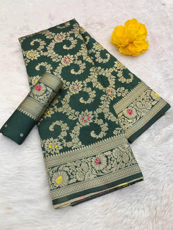 Sumptuous Dark Green Soft Banarasi Silk Saree With Ravishing Blouse Piece