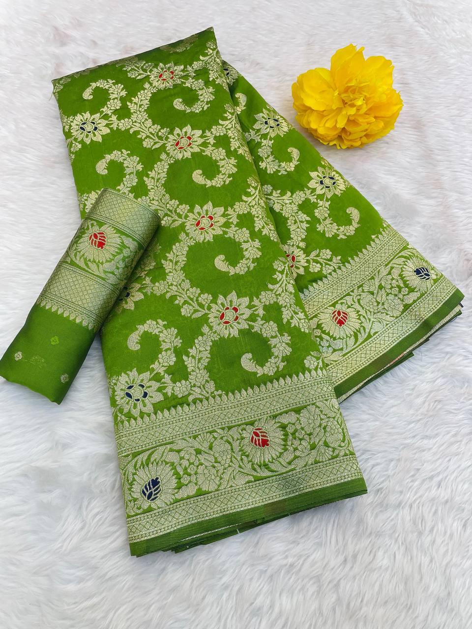 Cynosure Green Soft Banarasi Silk Saree With Stunner Blouse Piece