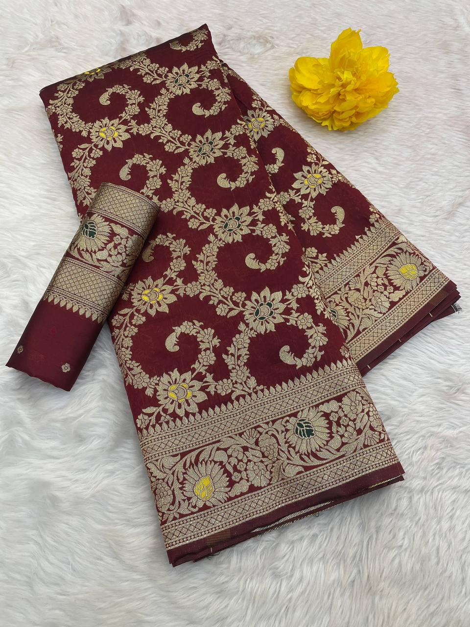 Eye-catching Maroon Soft Banarasi Silk Saree With Trendy Blouse Piece