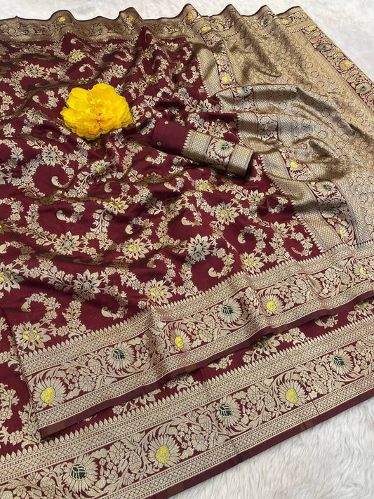 Eye-catching Maroon Soft Banarasi Silk Saree With Trendy Blouse Piece