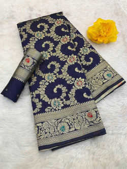 Tremendous Navy Blue Soft Banarasi Silk Saree With Dissemble Blouse Piece