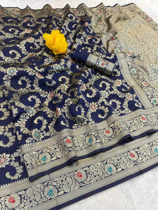 Tremendous Navy Blue Soft Banarasi Silk Saree With Dissemble Blouse Piece