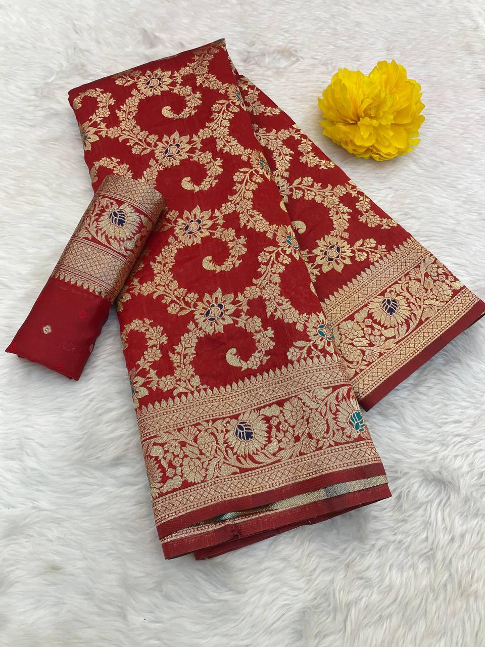 Allure Red Soft Banarasi Silk Saree With Wonderful Blouse Piece