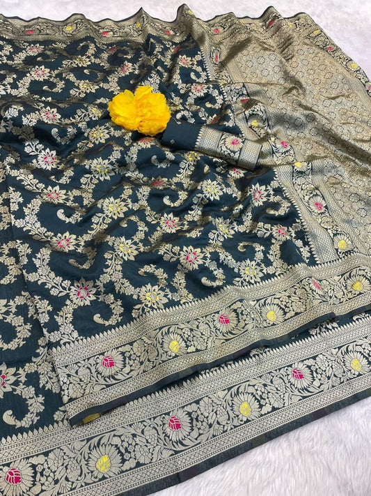 Bucolic Teal Blue Soft Banarasi Silk Saree With Gossamer Blouse Piece