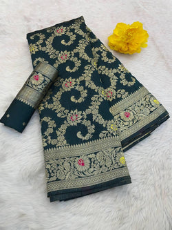 Bucolic Teal Blue Soft Banarasi Silk Saree With Gossamer Blouse Piece