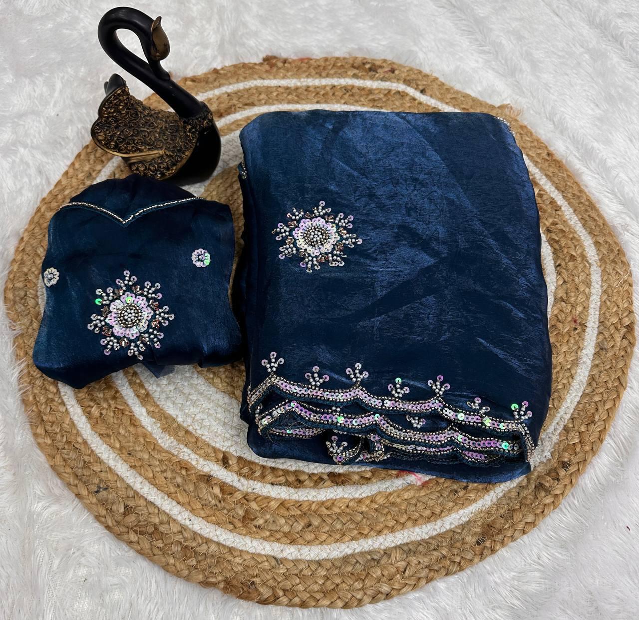 Imbrication Blue Sequence Work Fandy Silk Saree With Verdant Blouse Piece