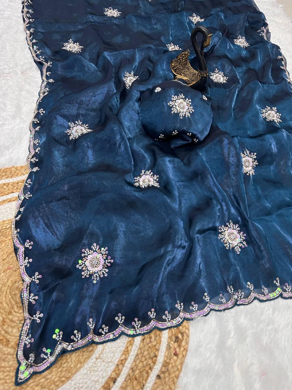 Imbrication Blue Sequence Work Fandy Silk Saree With Verdant Blouse Piece