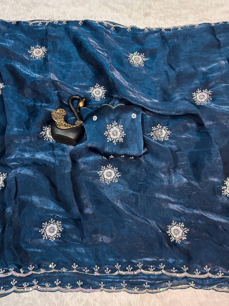 Imbrication Blue Sequence Work Fandy Silk Saree With Verdant Blouse Piece