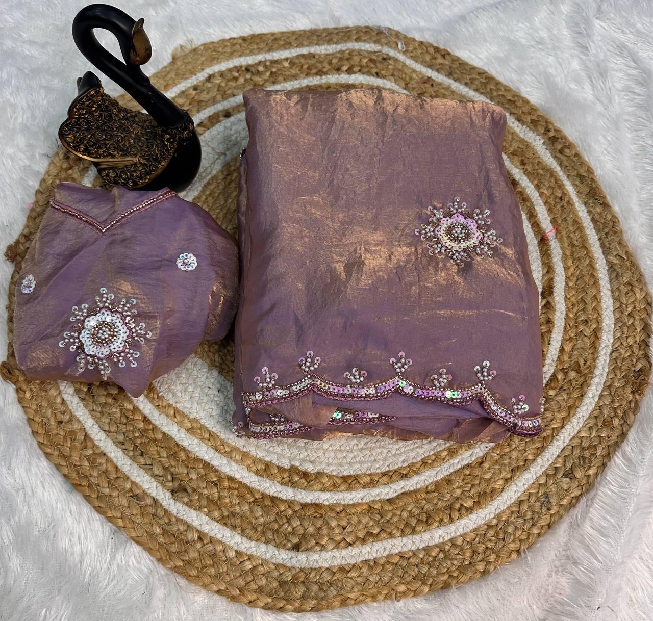 Cynosure Lavender Sequence Work Fandy Silk Saree With Preferable Blouse Piece