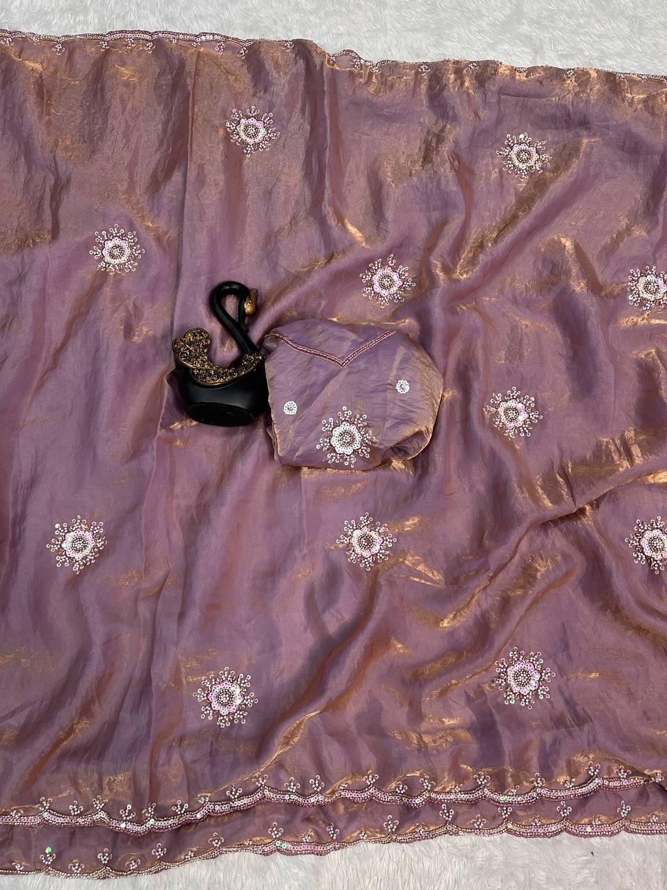 Cynosure Lavender Sequence Work Fandy Silk Saree With Preferable Blouse Piece