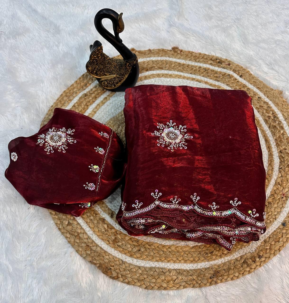 Imaginative Maroon Sequence Work Fandy Silk Saree With Traditional Blouse Piece