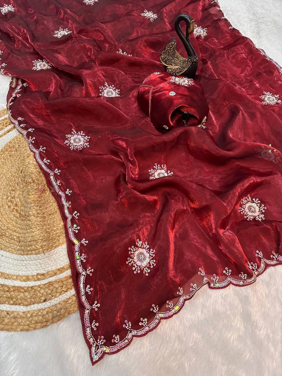 Imaginative Maroon Sequence Work Fandy Silk Saree With Traditional Blouse Piece