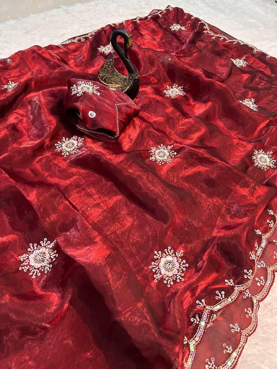 Imaginative Maroon Sequence Work Fandy Silk Saree With Traditional Blouse Piece