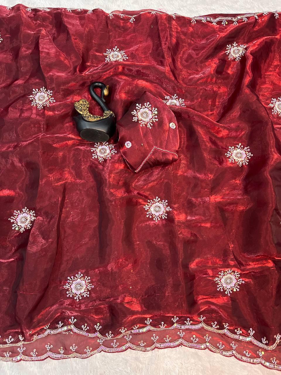 Imaginative Maroon Sequence Work Fandy Silk Saree With Traditional Blouse Piece