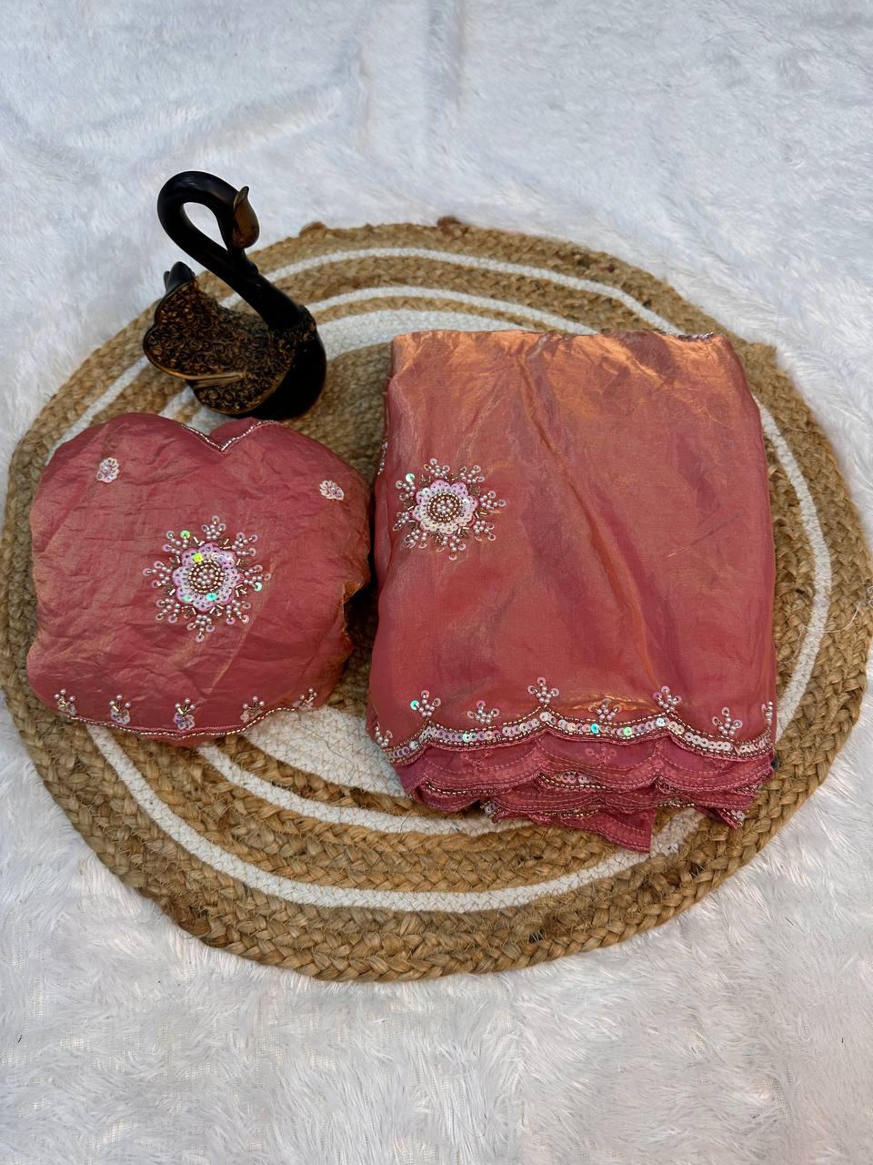 Ailurophile Pink Sequence Work Fandy Silk Saree With Fairytale Blouse Piece