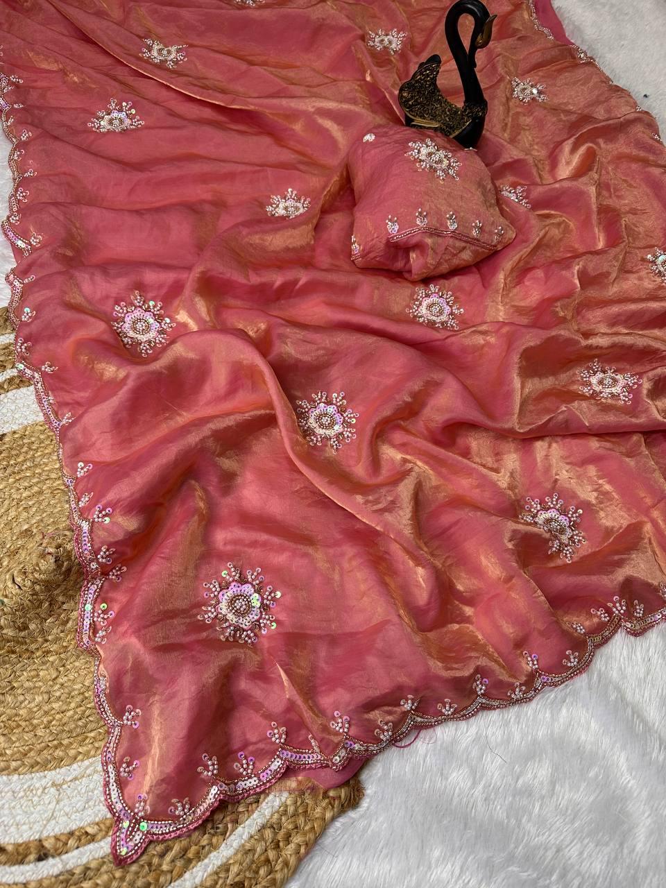 Ailurophile Pink Sequence Work Fandy Silk Saree With Fairytale Blouse Piece