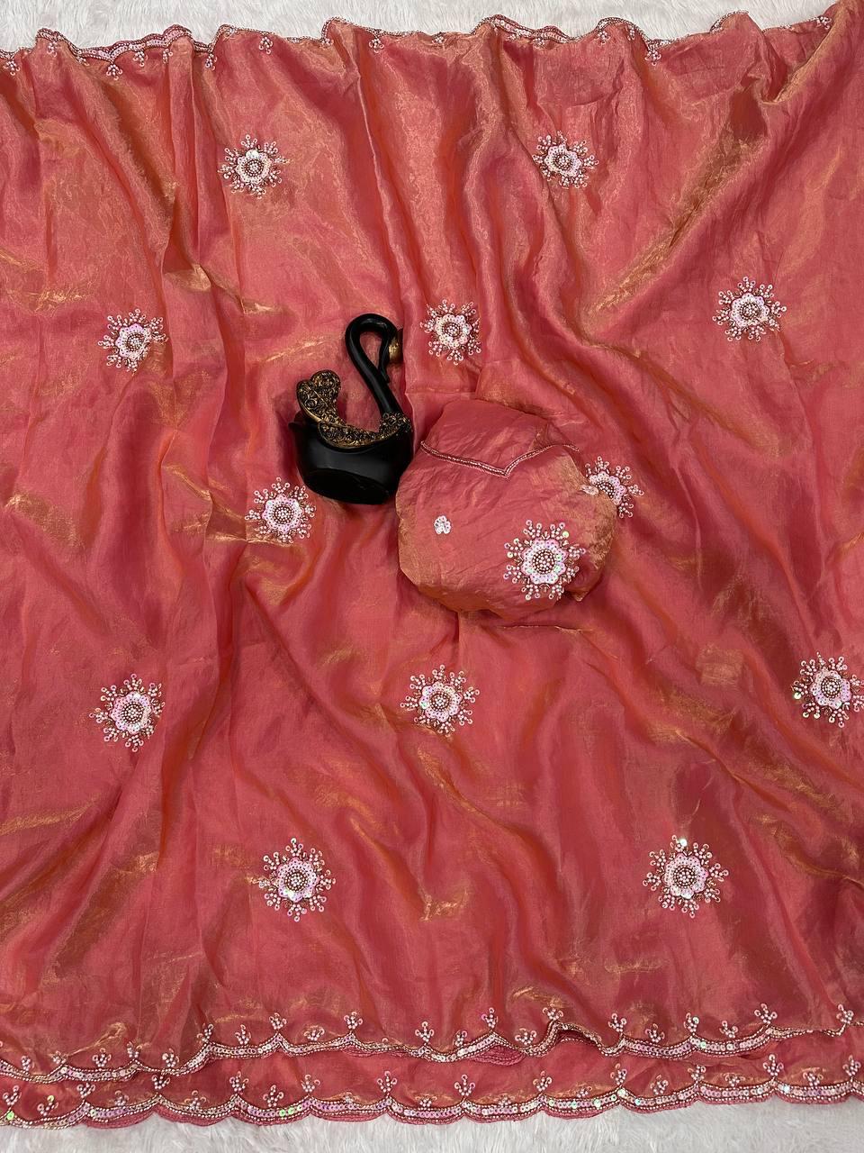 Ailurophile Pink Sequence Work Fandy Silk Saree With Fairytale Blouse Piece