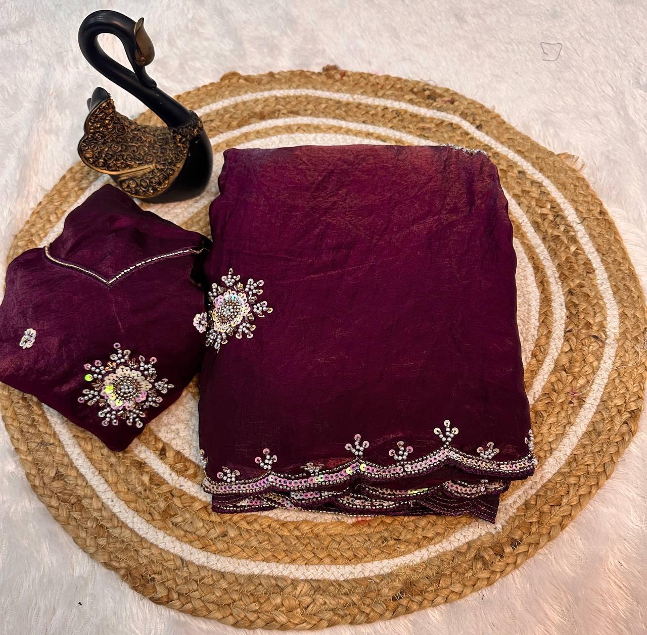 Ineffable Purple Sequence Work Fandy Silk Saree With Blissful Blouse Piece