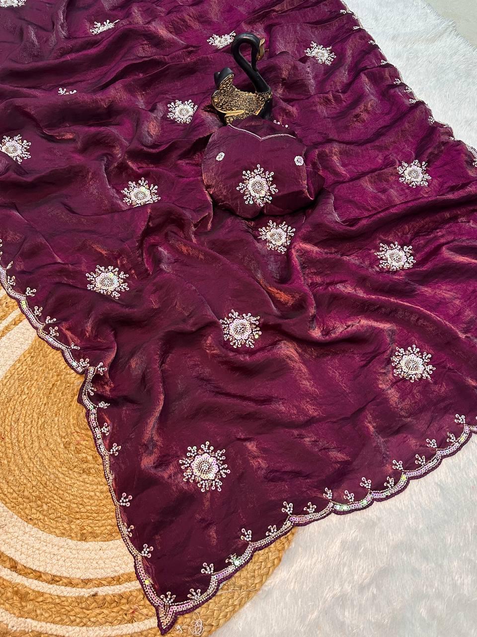 Ineffable Purple Sequence Work Fandy Silk Saree With Blissful Blouse Piece