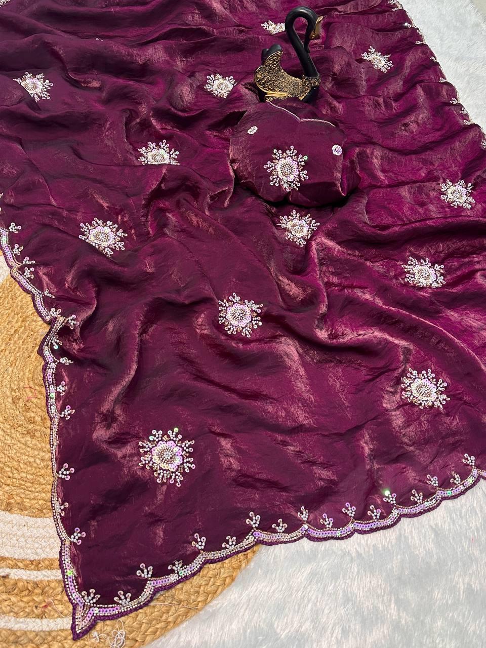 Ineffable Purple Sequence Work Fandy Silk Saree With Blissful Blouse Piece