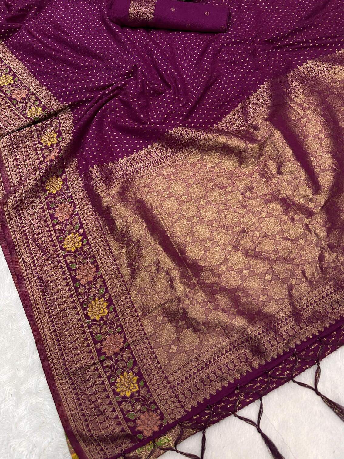 Smashing Purple Soft Banarasi Silk Saree With Grandiose Blouse Piece