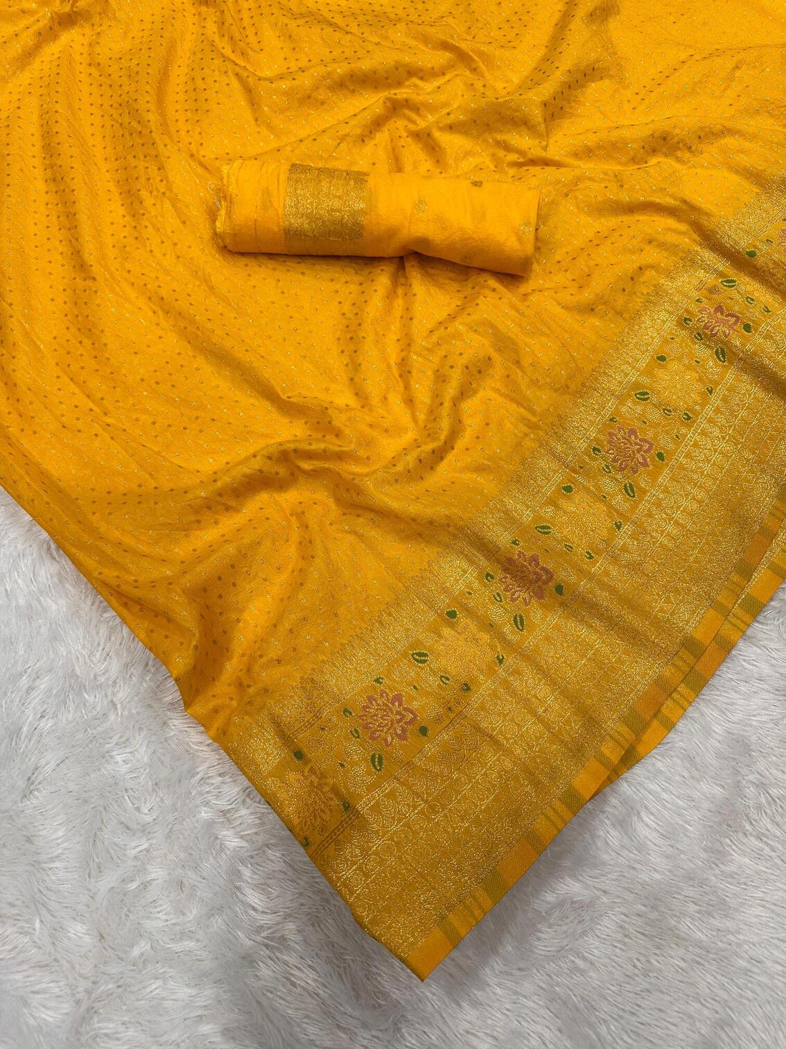 Lissome Yellow Soft Banarasi Silk Saree With Charismatic Blouse Piece
