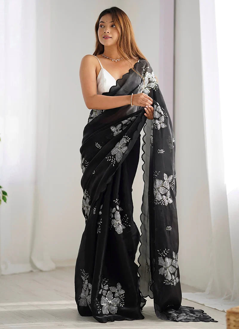 Super classy Black Sequence Work Jimmy Choo Silk Saree With Fugacious Blouse Piece