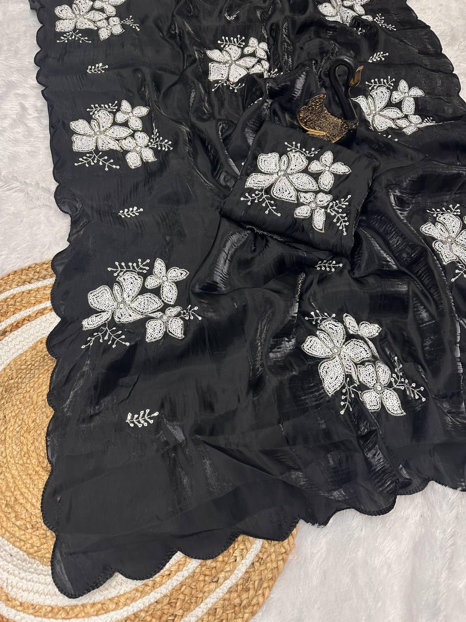 Super classy Black Sequence Work Jimmy Choo Silk Saree With Fugacious Blouse Piece