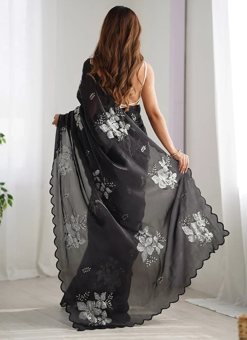 Super classy Black Sequence Work Jimmy Choo Silk Saree With Fugacious Blouse Piece