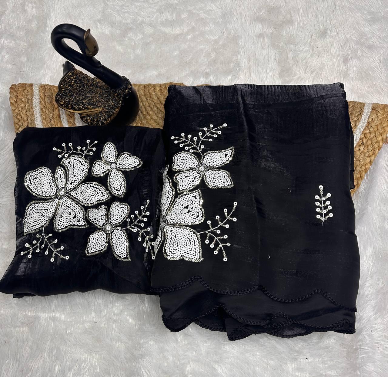 Super classy Black Sequence Work Jimmy Choo Silk Saree With Fugacious Blouse Piece