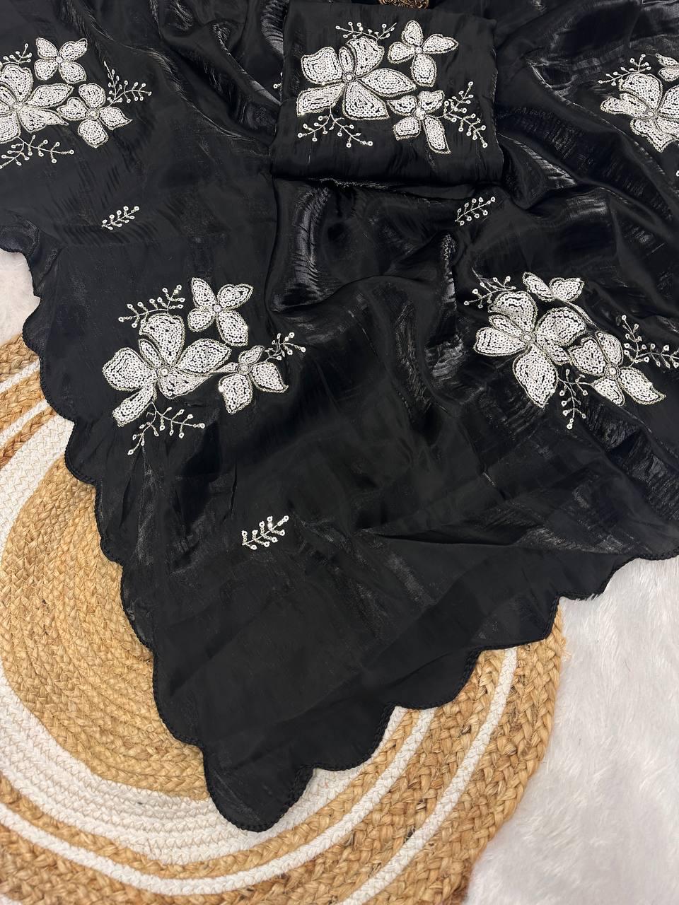 Super classy Black Sequence Work Jimmy Choo Silk Saree With Fugacious Blouse Piece