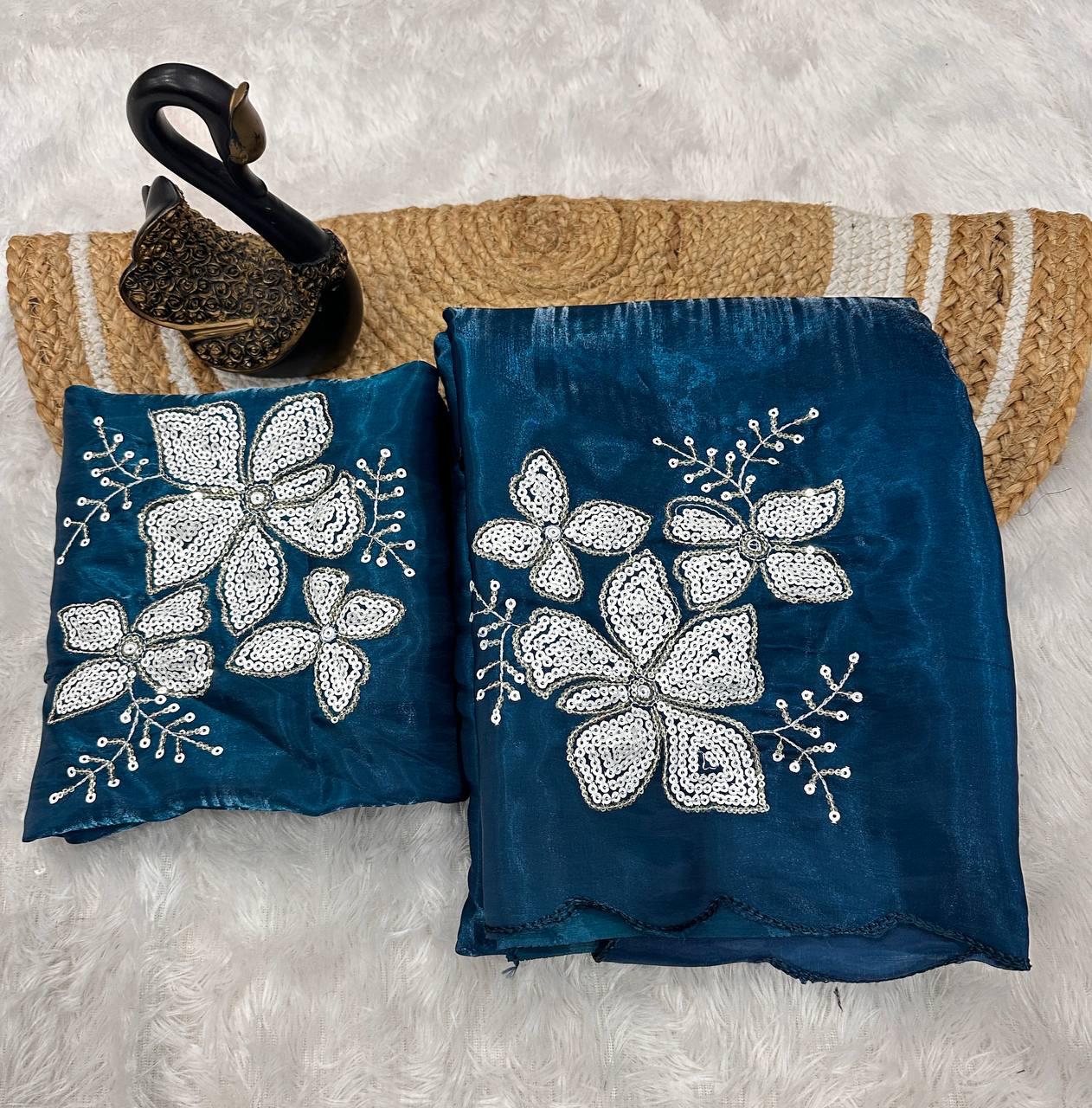 Devastating Blue Sequence Work Jimmy Choo Silk Saree With Confounding Blouse Piece