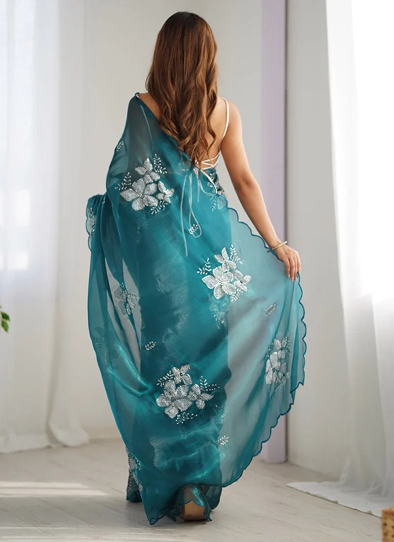 Devastating Blue Sequence Work Jimmy Choo Silk Saree With Confounding Blouse Piece