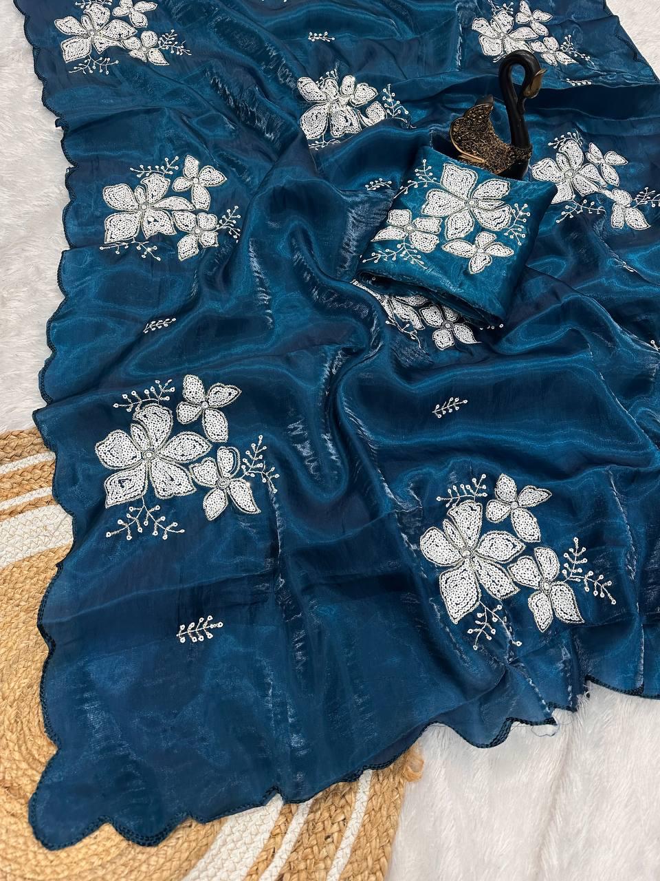 Devastating Blue Sequence Work Jimmy Choo Silk Saree With Confounding Blouse Piece