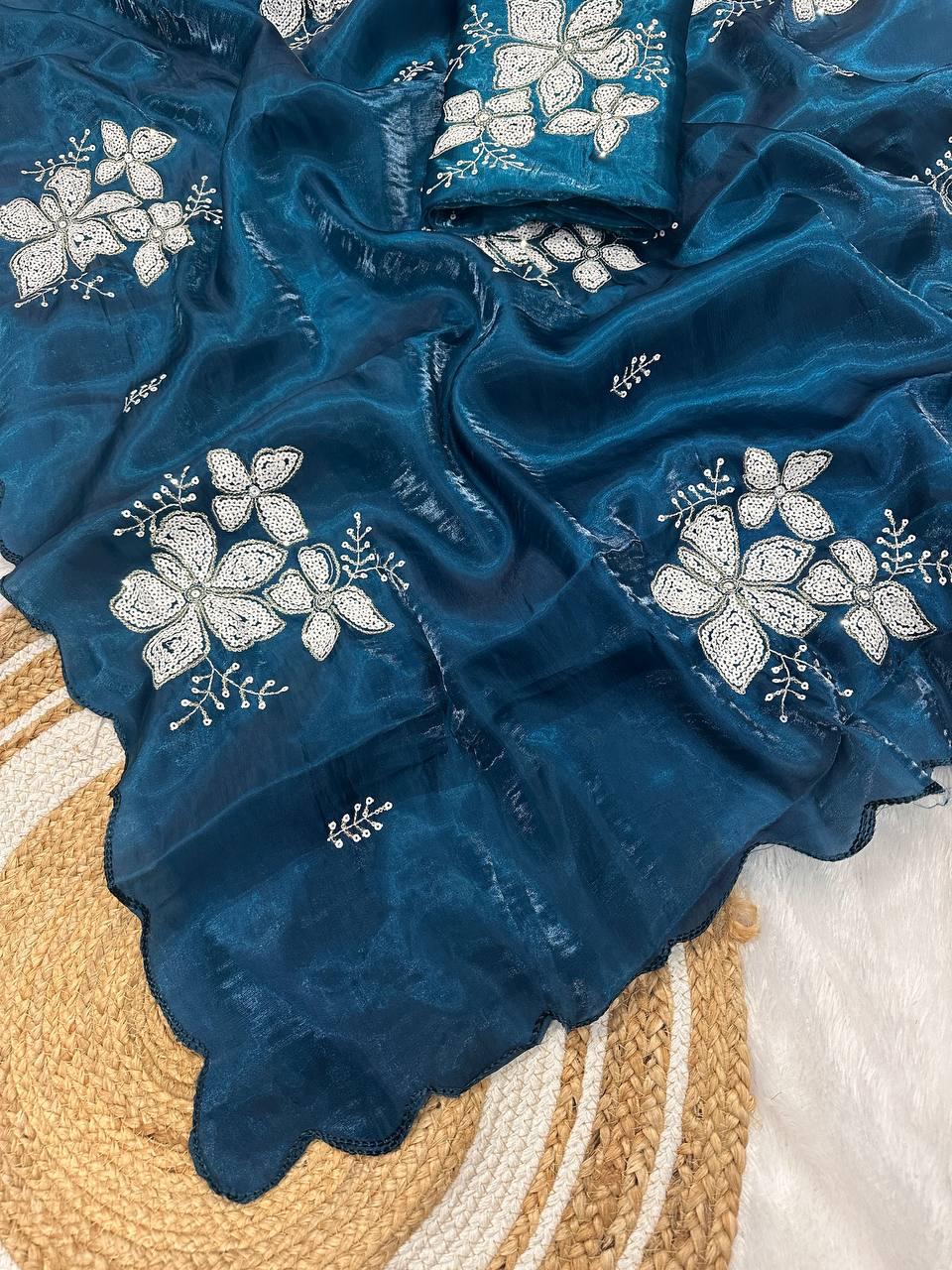 Devastating Blue Sequence Work Jimmy Choo Silk Saree With Confounding Blouse Piece