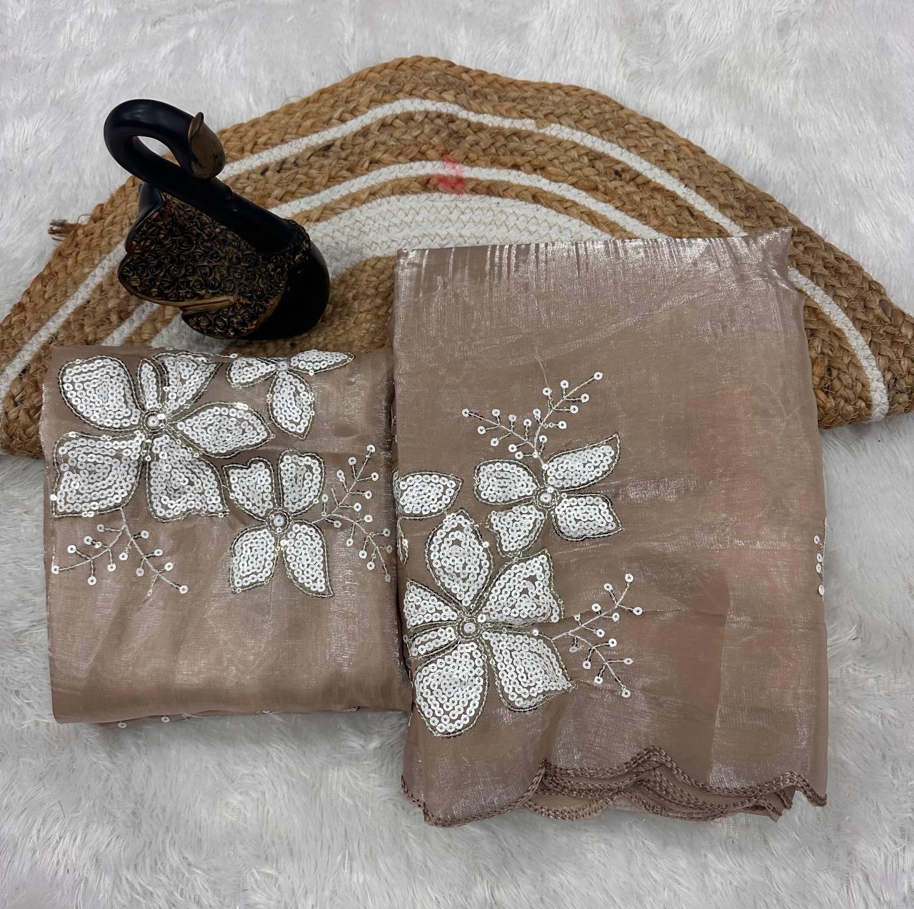 Evocative Brown Sequence Work Jimmy Choo Silk Saree With Luminous Blouse Piece