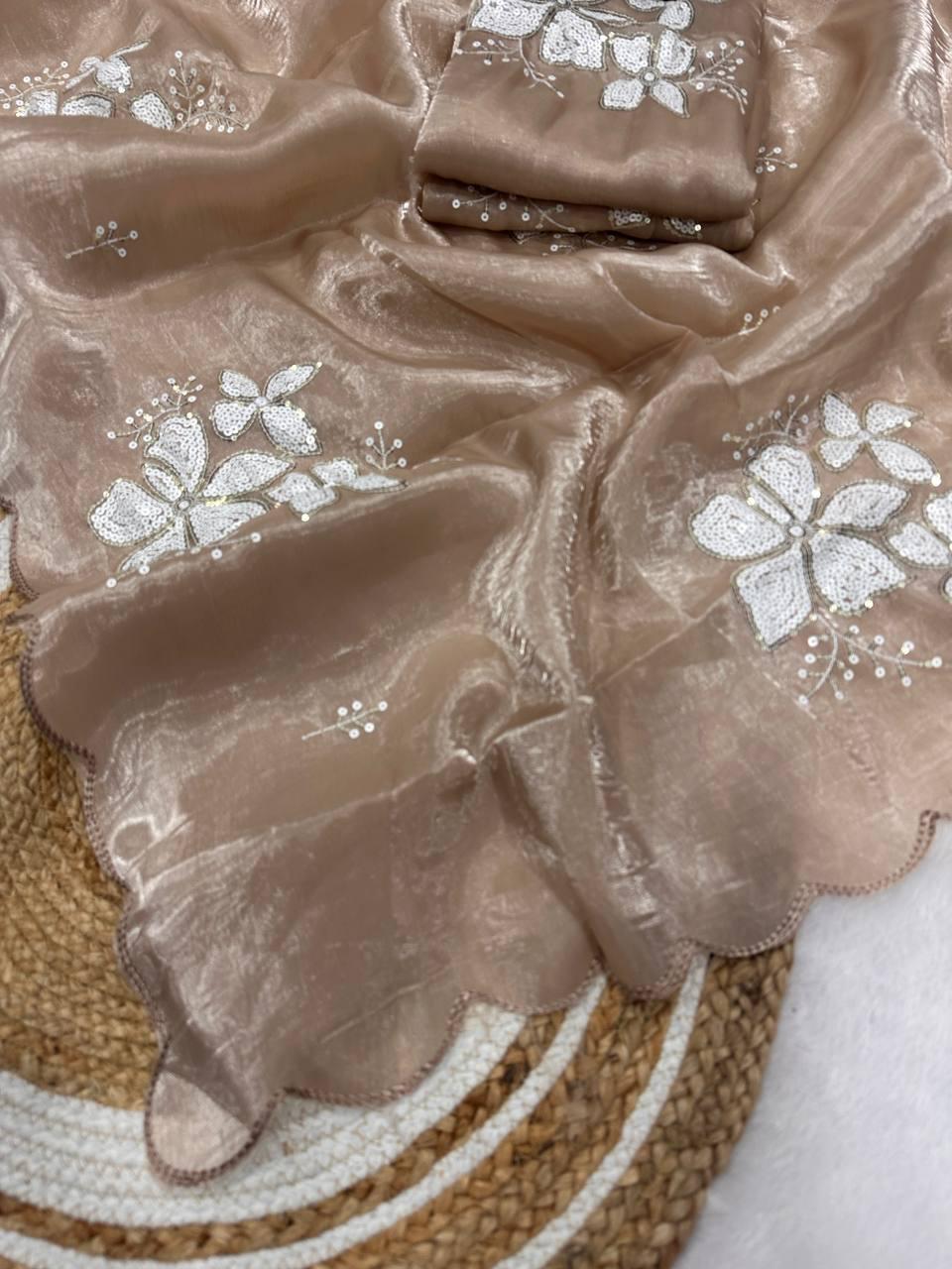 Evocative Brown Sequence Work Jimmy Choo Silk Saree With Luminous Blouse Piece