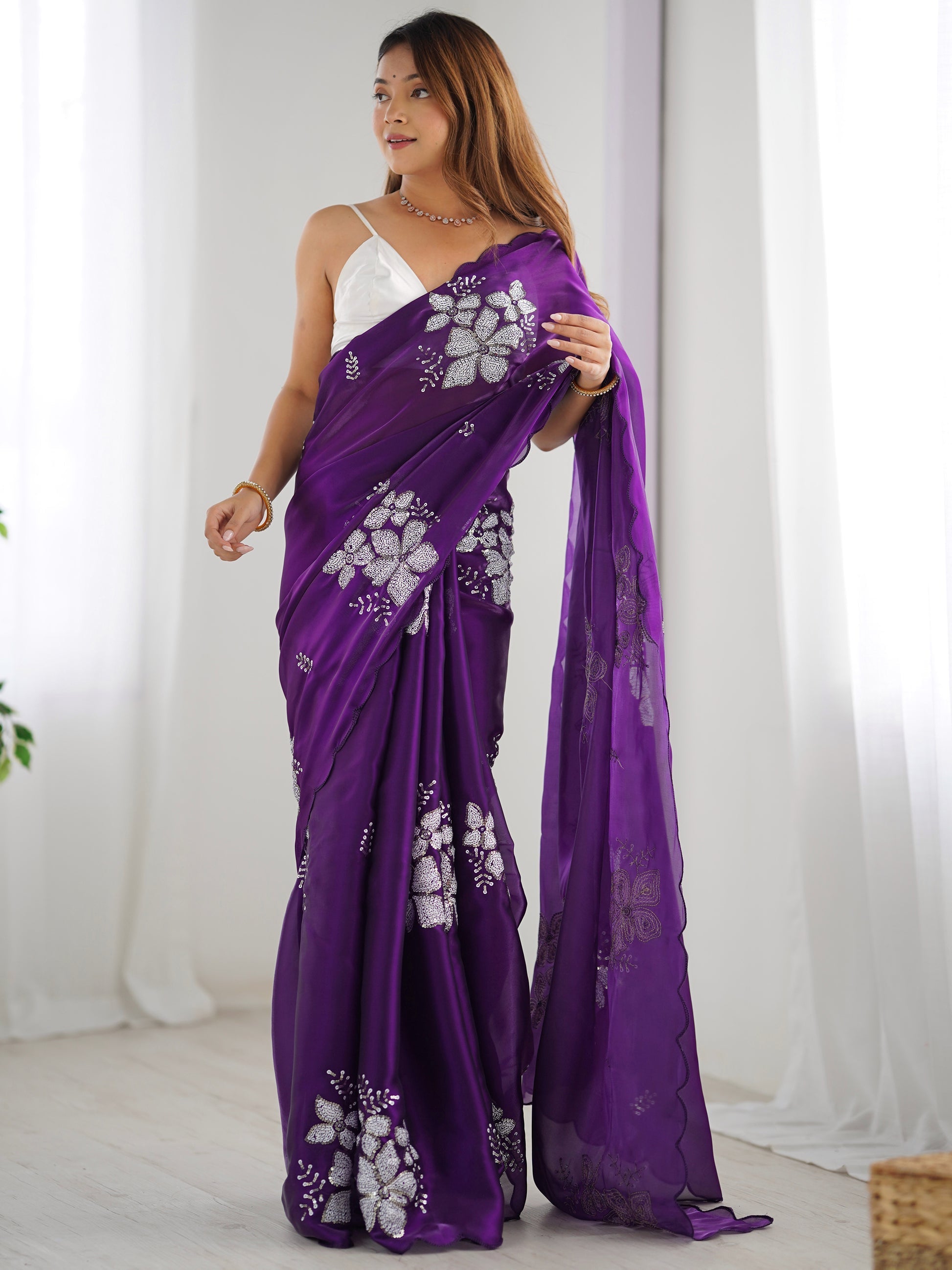 Amiable Purple Sequence Work Jimmy Choo Silk Saree With Exuberant Blouse Piece