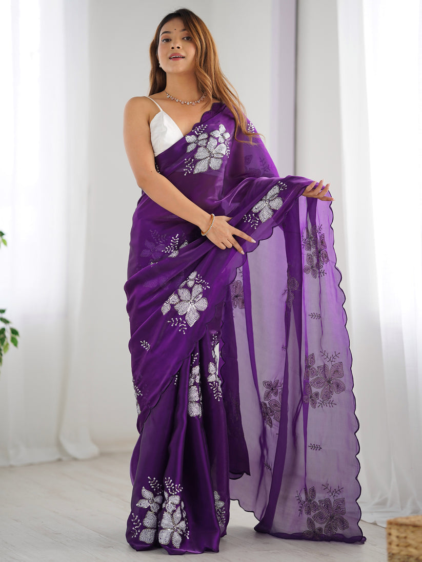 Amiable Purple Sequence Work Jimmy Choo Silk Saree With Exuberant Blouse Piece