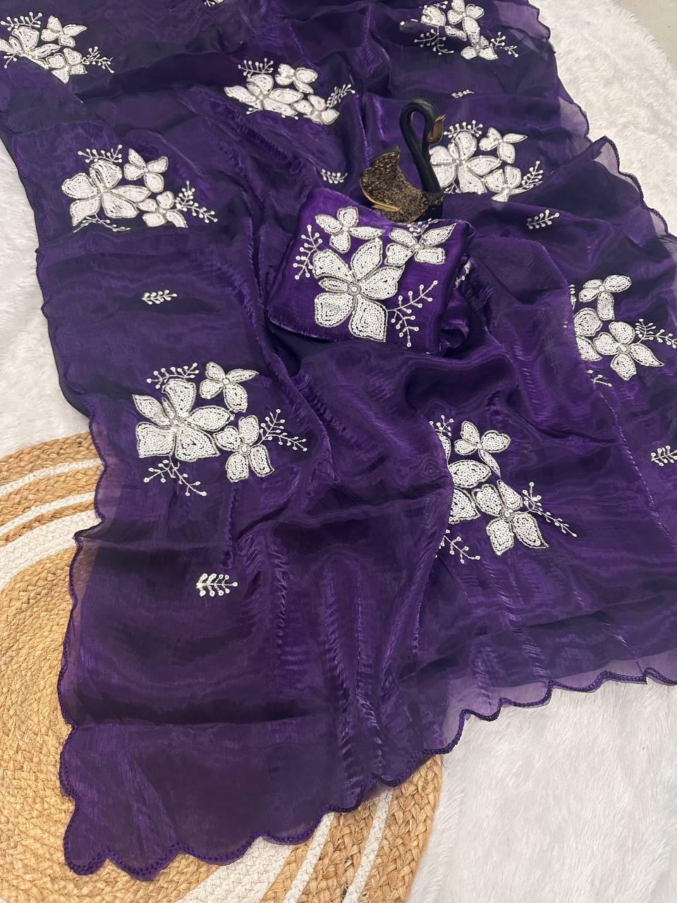 Amiable Purple Sequence Work Jimmy Choo Silk Saree With Exuberant Blouse Piece