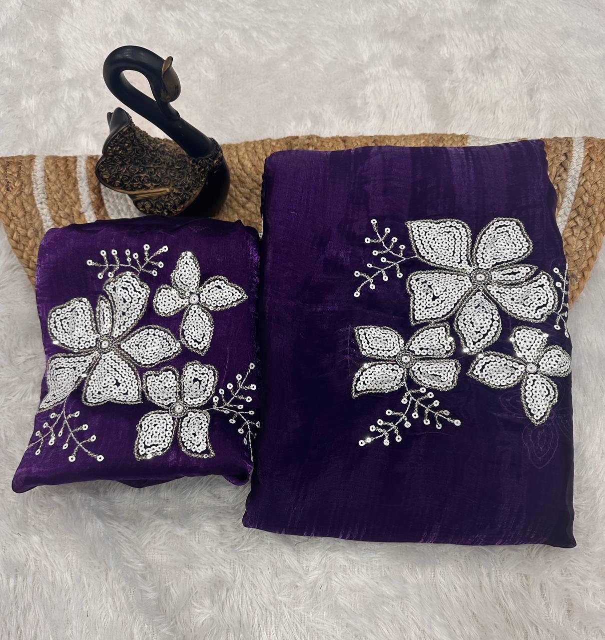 Amiable Purple Sequence Work Jimmy Choo Silk Saree With Exuberant Blouse Piece