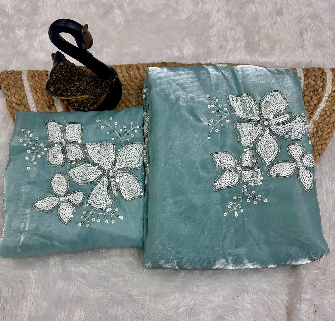 Gratifying Sky Sequence Work Jimmy Choo Silk Saree With Redolent Blouse Piece