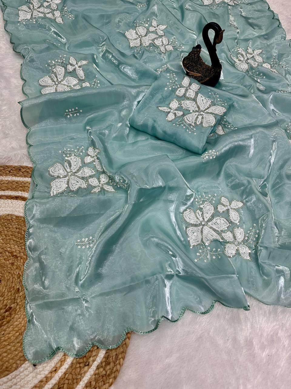 Gratifying Sky Sequence Work Jimmy Choo Silk Saree With Redolent Blouse Piece